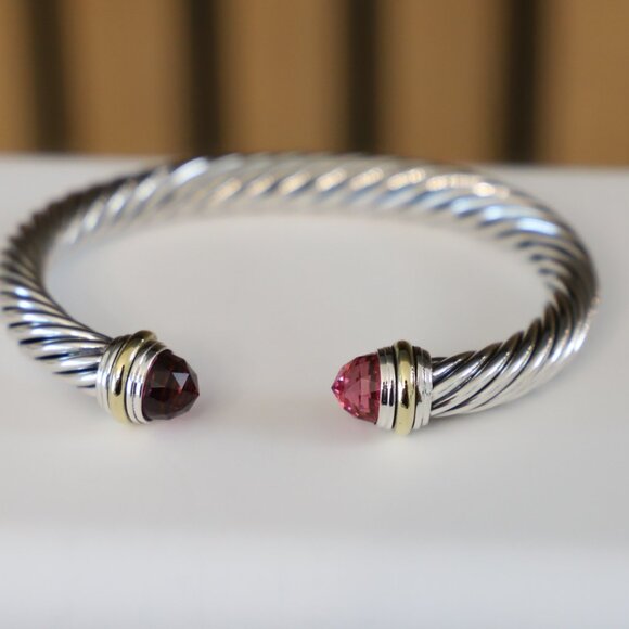 David Yurman Sterling Silver 7mm Cable Bracelet Tourmaline 14k Gold size Medium - Picture 4 of 6